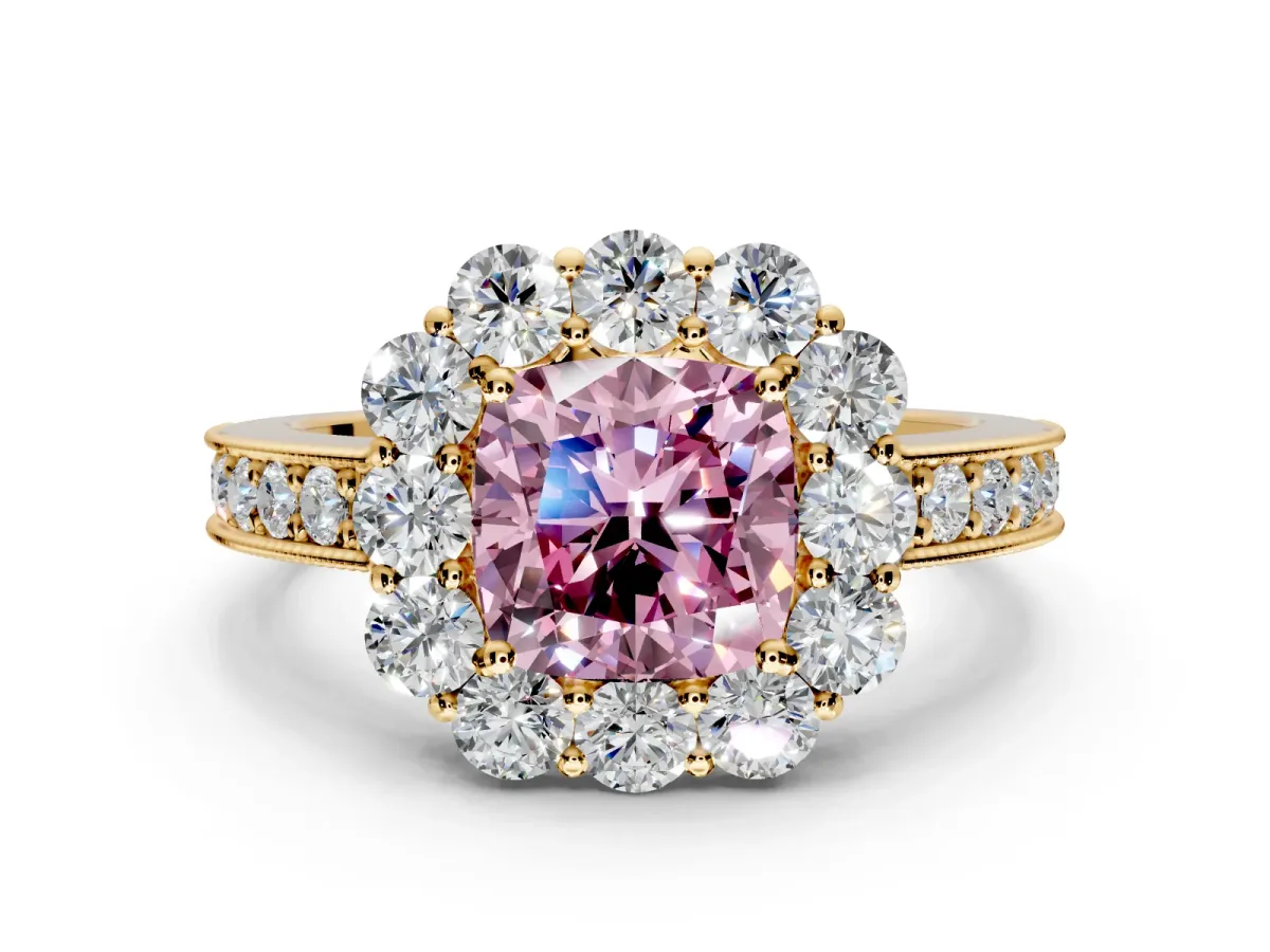 Halo Engagement Ring Setting for Fancy Pink Cushion Cut Center with Milgrain Channel Band and Prong Head in Yellow Gold