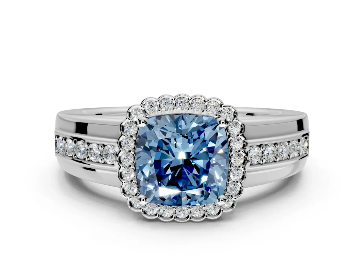 Halo Engagement Ring Setting for Fancy Blue Cushion Cut Center with Wide Band, Inlaid Accent Row and Prong Head in Sterling Silver