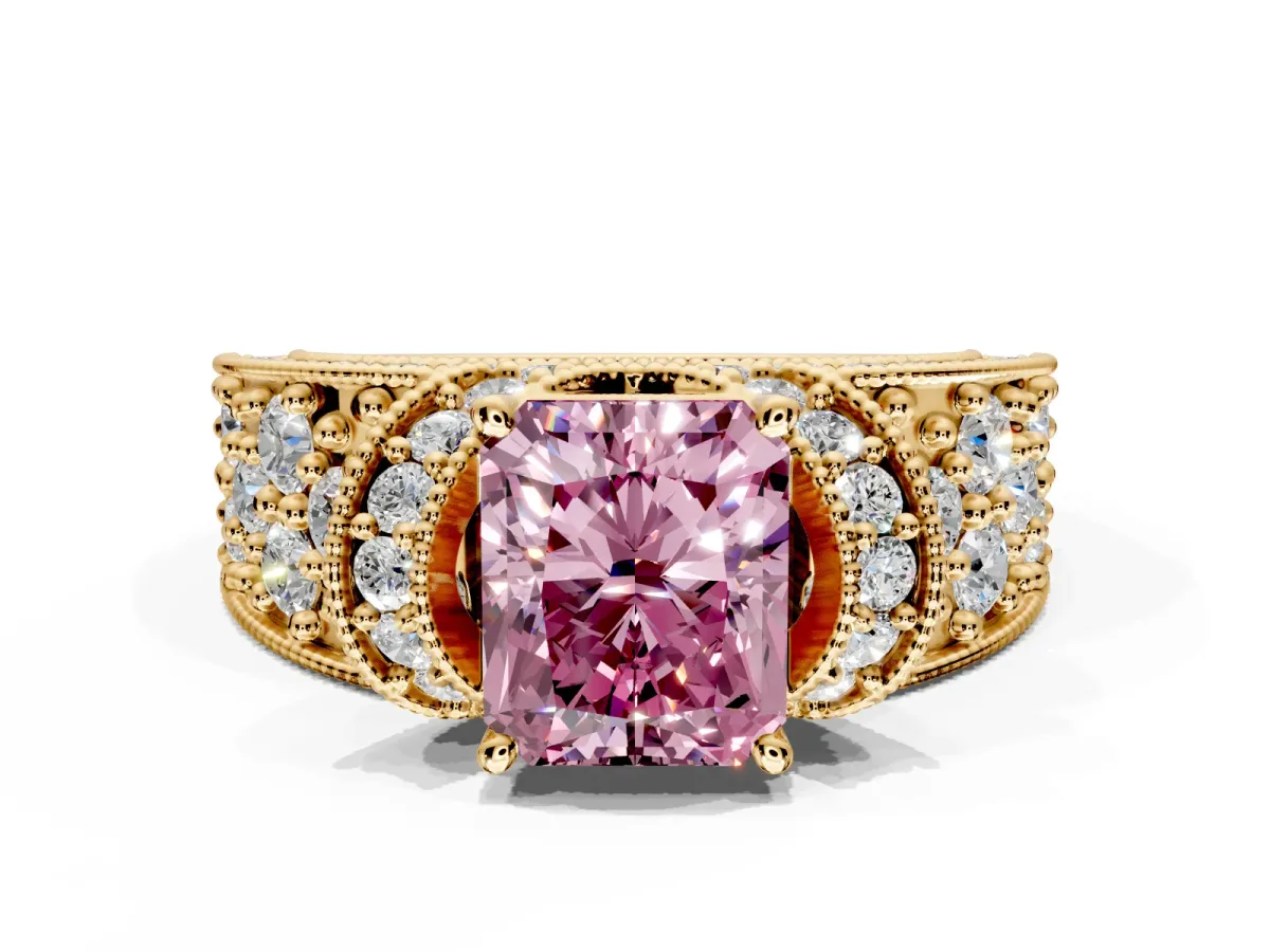 Pave Engagement Ring Setting for Fancy Pink Radiant Cut Center with Curved Accent Rows, Openwork and Prong Head in Yellow Gold
