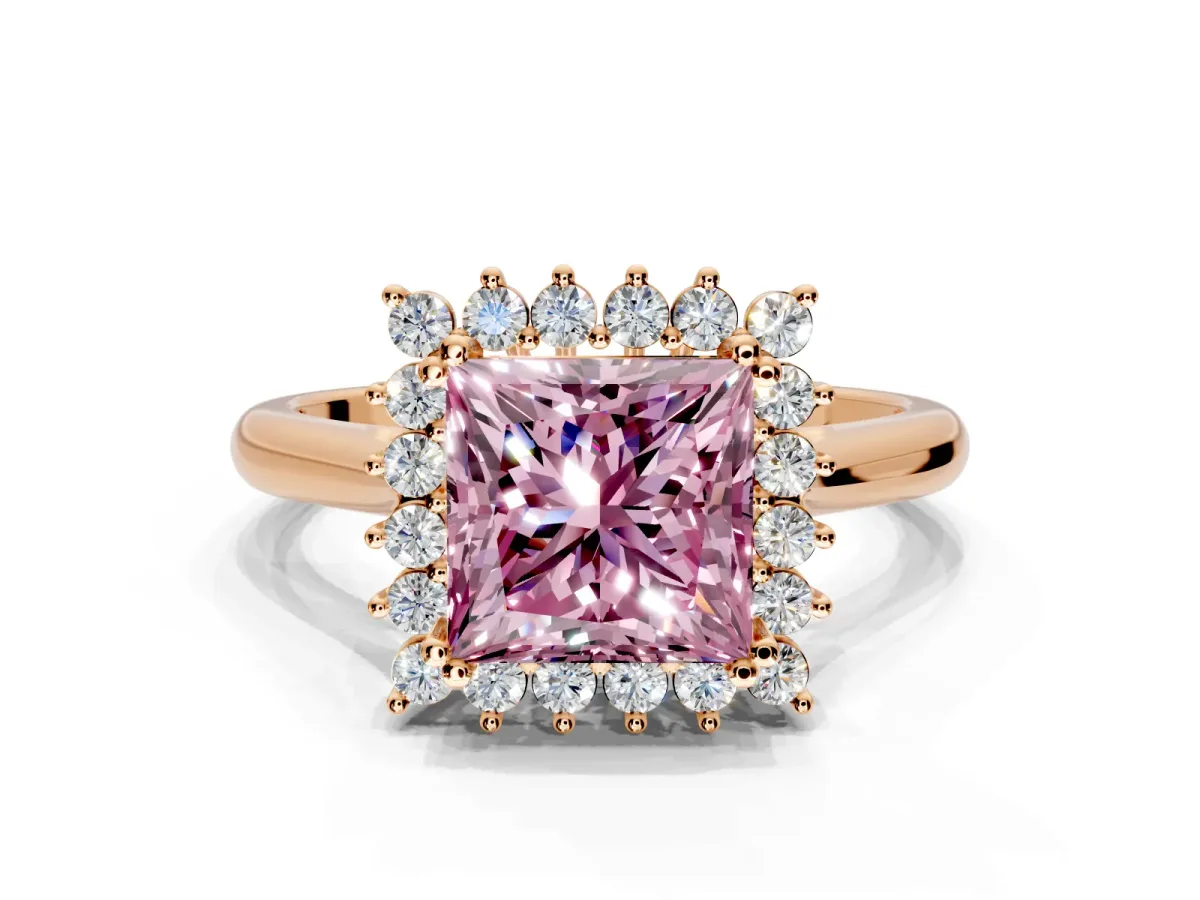 Starburst Halo Engagement Ring Setting for Fancy Pink Princess Cut Center with Thin Round-Wire Band and Prong Head in Rose Gold