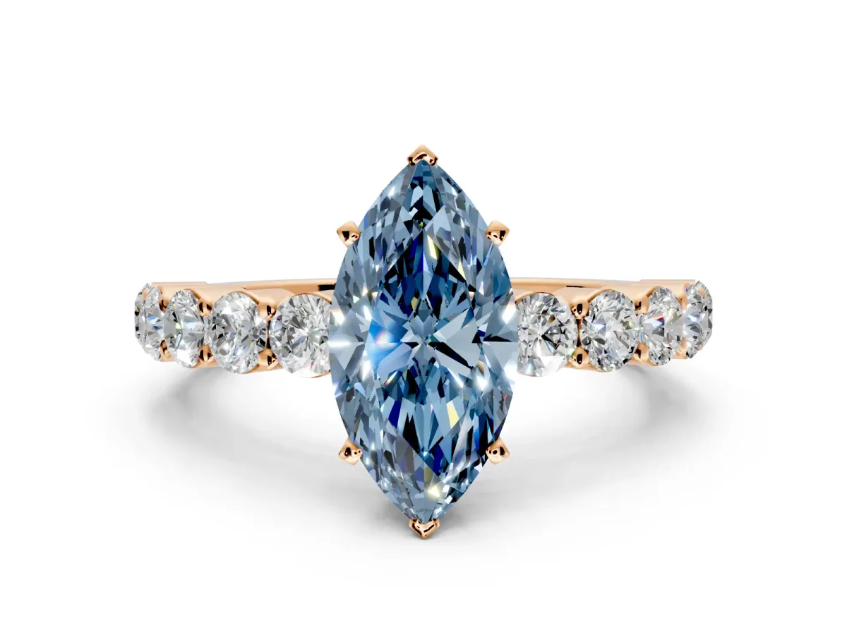 Shared-Prong Engagement Ring Setting for Fancy Blue Marquise Center with Graduated Accents and Prong Head in Rose Gold