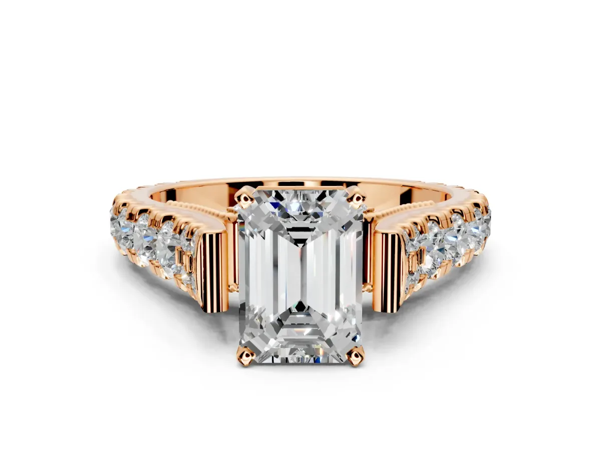 Solitaire Engagement Ring Setting for Emerald Cut Center with Pave Cathedral Shoulders and Prong Head in Rose Gold