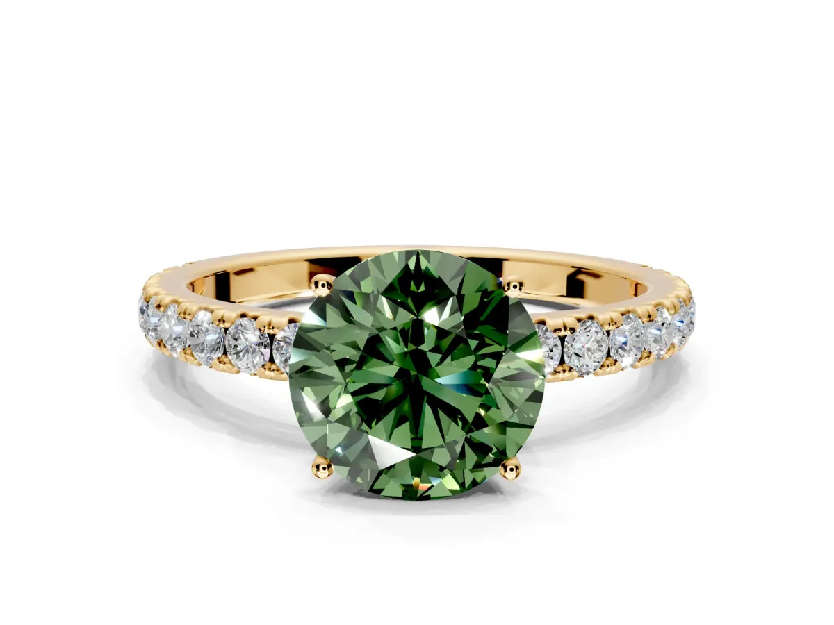 Solitaire Engagement Ring Setting for Fancy Green Round Cut Center with Large Accent Band and Prong Head in Yellow Gold