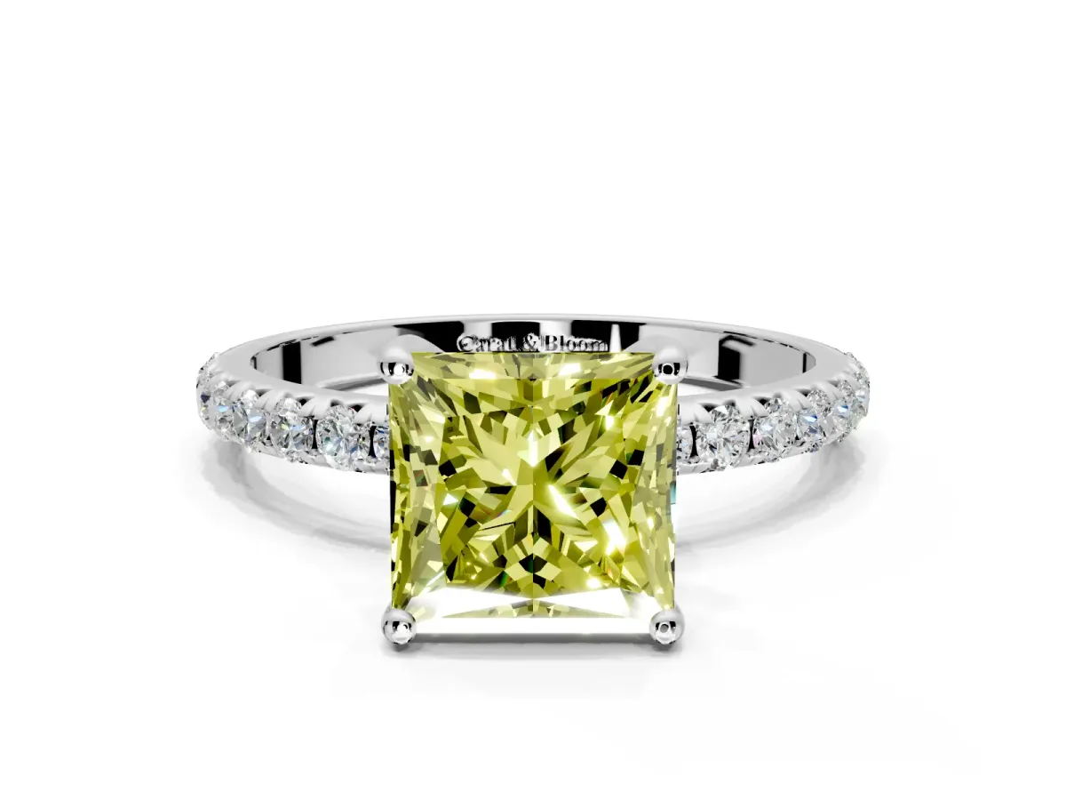 Solitaire Engagement Ring Setting for Fancy Yellow Princess Cut Center with Micro Pave Band and Prong Head in Platinum