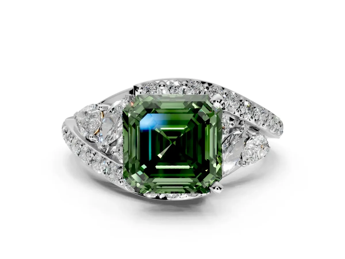Halo Engagement Ring Setting for Fancy Green Asscher Cut Center with Marquise and Pave Bypass Band and Prong Head in Platinum