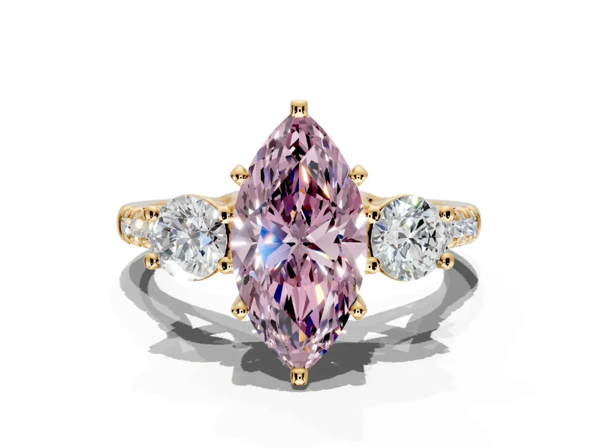 3 Stone Engagement Ring Setting for Fancy Pink Marquise Center with Crossover Basket, Pave Band and Prong Head in Yellow Gold