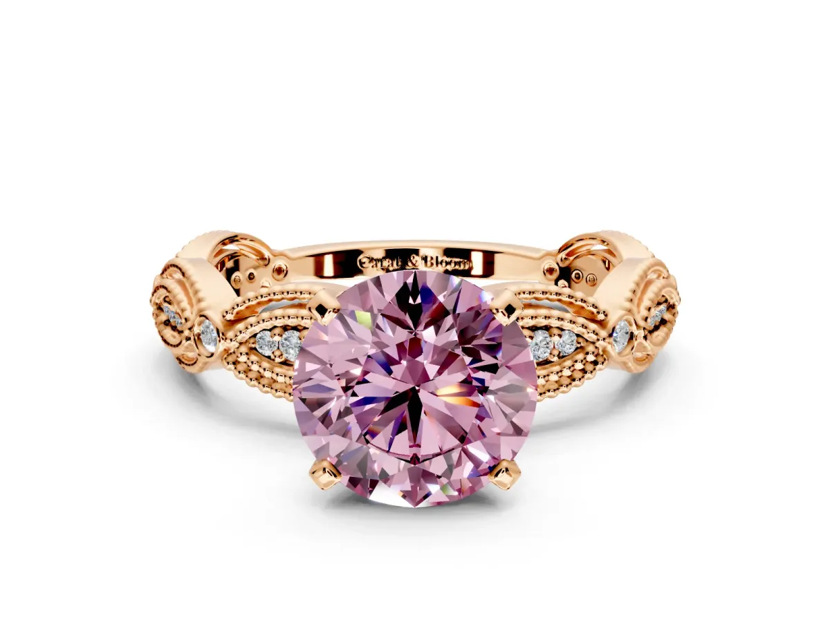 Solitaire Engagement Ring Setting for Fancy Pink Round Cut Center with Marquise Panel Band and Prong Head in Rose Gold