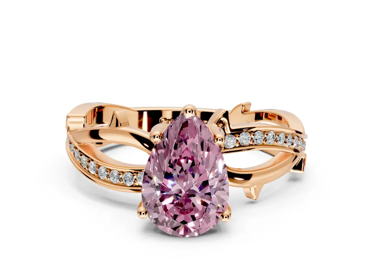 Solitaire Engagement Ring Setting for Fancy Pink Pear-Shaped Center with Pave and Plain Crossover Band and Prong Head in Rose Gold