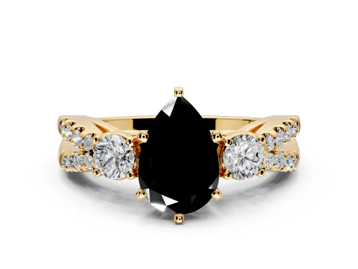 3 Stone Engagement Ring Setting for Fancy Black Pear-Shaped Center with Pave Split Shank and Prong Head in Yellow Gold