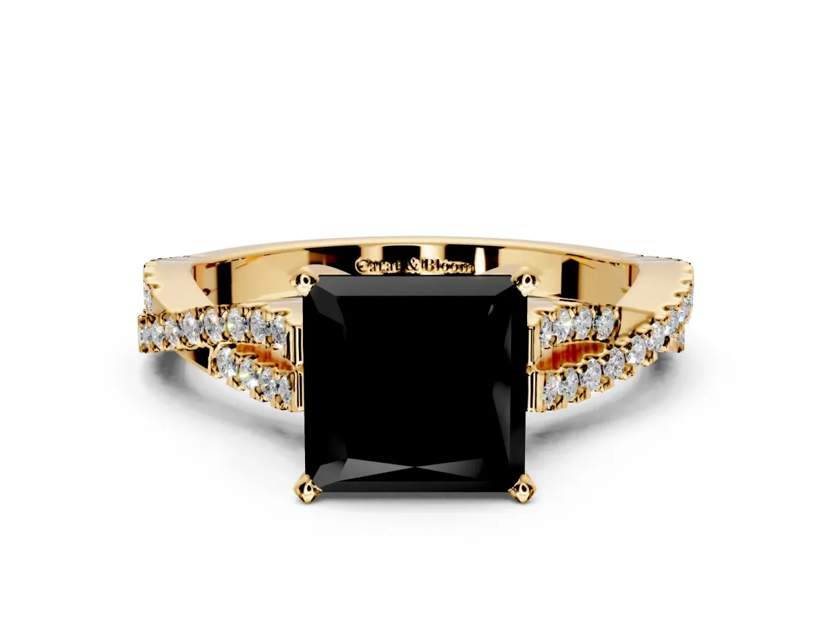 Solitaire Engagement Ring Setting for Fancy Black Princess Cut Center with Twisted Pave Split Shank and Prong Head in Yellow Gold