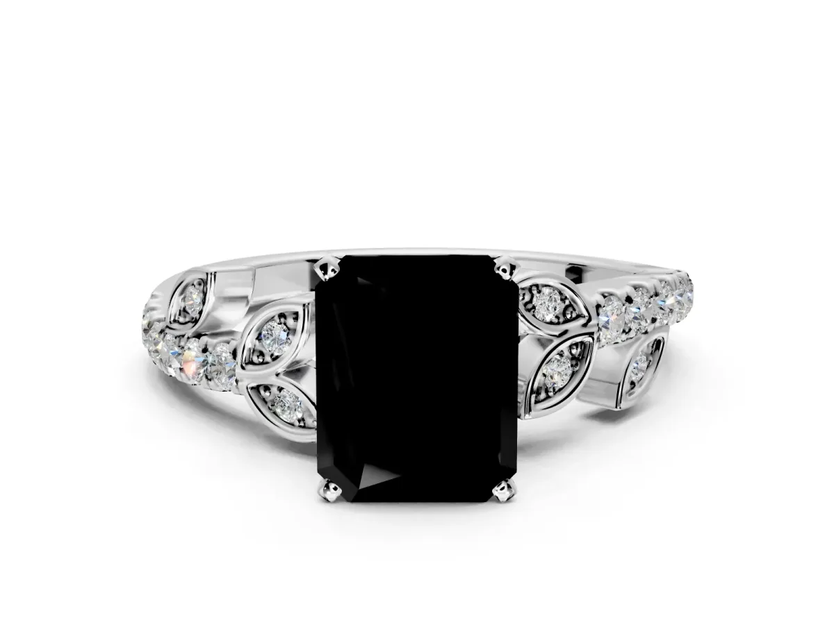 Leaf Motif Engagement Ring Setting for Fancy Black Radiant Cut Center with Pave Band and Prong Head in Platinum
