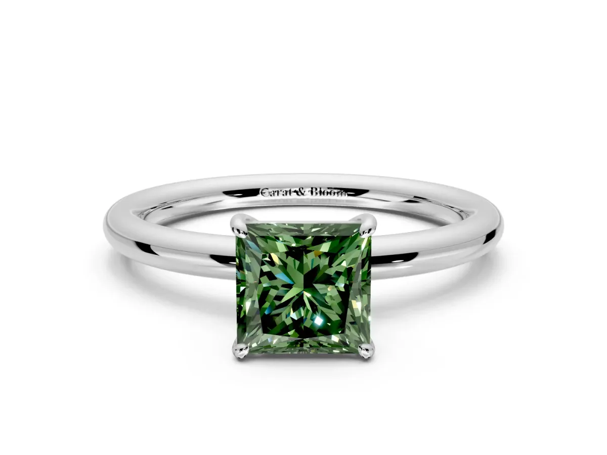 Low-Set Solitaire Engagement Ring Setting for Fancy Green Princess Cut Center with Thin Plain Band and Prong Head in Sterling Silver