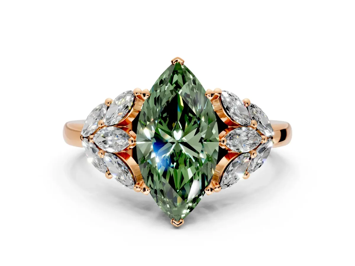 Leaf Cluster Engagement Ring Setting for Fancy Green Marquise Center with Marquise Accents and Prong Head in Rose Gold