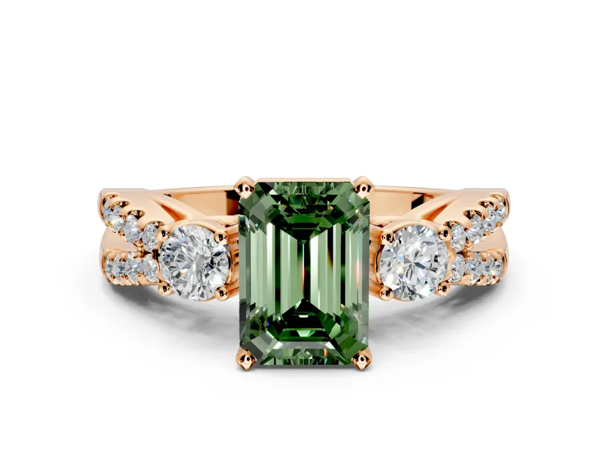 3 Stone Engagement Ring Setting for Fancy Green Emerald Cut Center with Pave Split Shank and Prong Head in Rose Gold