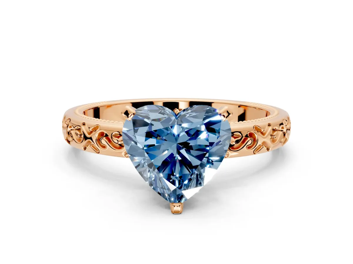 Solitaire Engagement Ring Setting for Fancy Blue Heart-Shaped Center with Scrollwork Band and Prong Head in Rose Gold