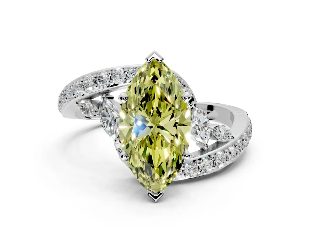 Solitaire Engagement Ring Setting for Fancy Yellow Marquise Center with Pave Bypass Twist Band and Prong Head in White Gold
