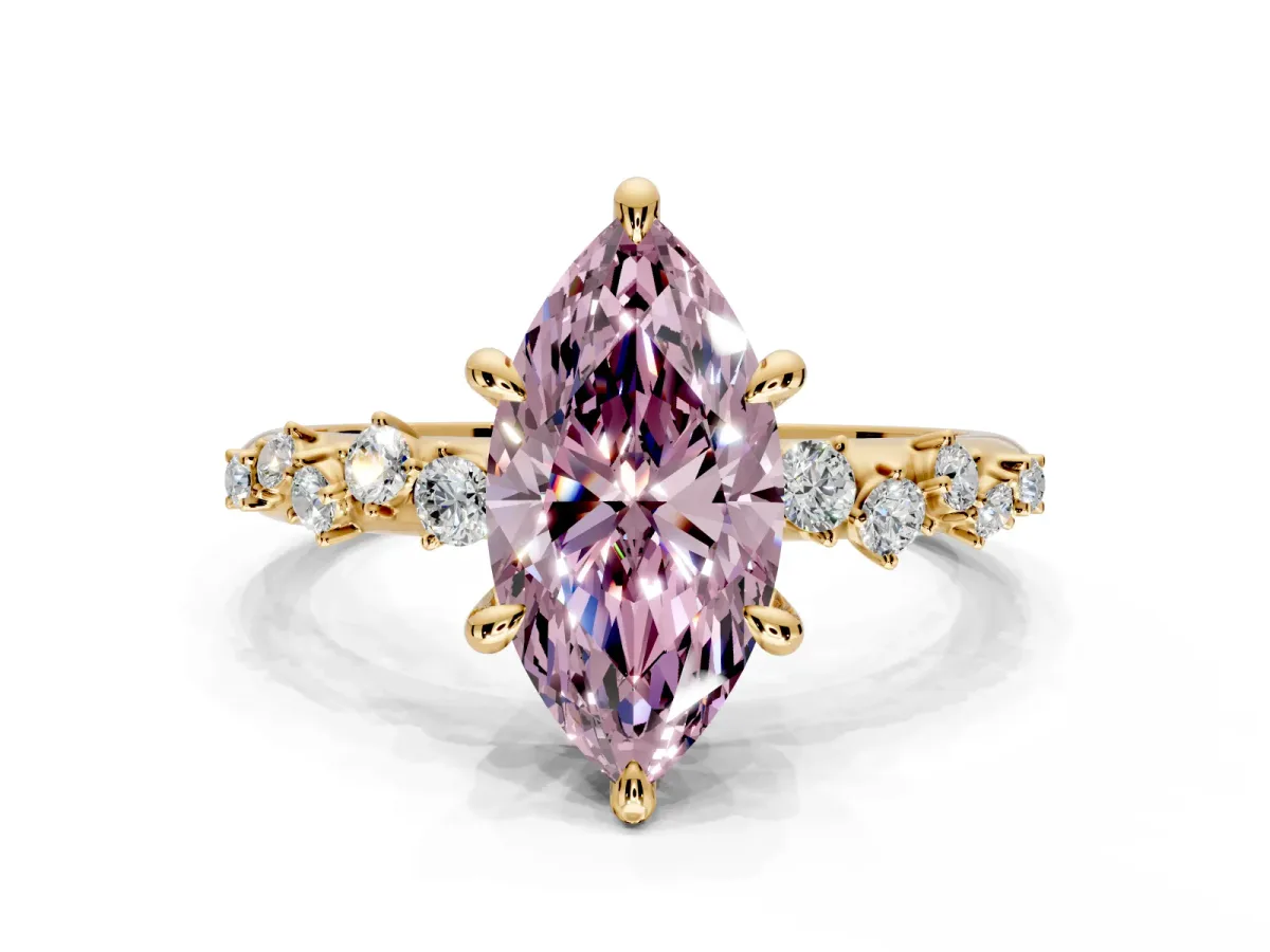 Solitaire Engagement Ring Setting for Fancy Pink Marquise Center with Trailing Leaf Accent Band and Prong Head in Yellow Gold