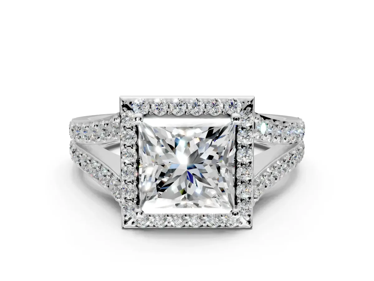 Halo Engagement Ring Setting for Princess Cut Center with Narrow Pave Split Shank and Prong Head in Platinum