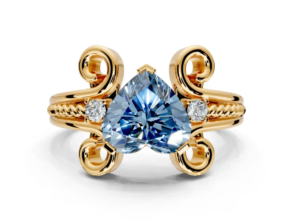 Solitaire Engagement Ring Setting for Fancy Blue Heart-Shaped Center with Twisted Band and Scroll Prong Head in Yellow Gold
