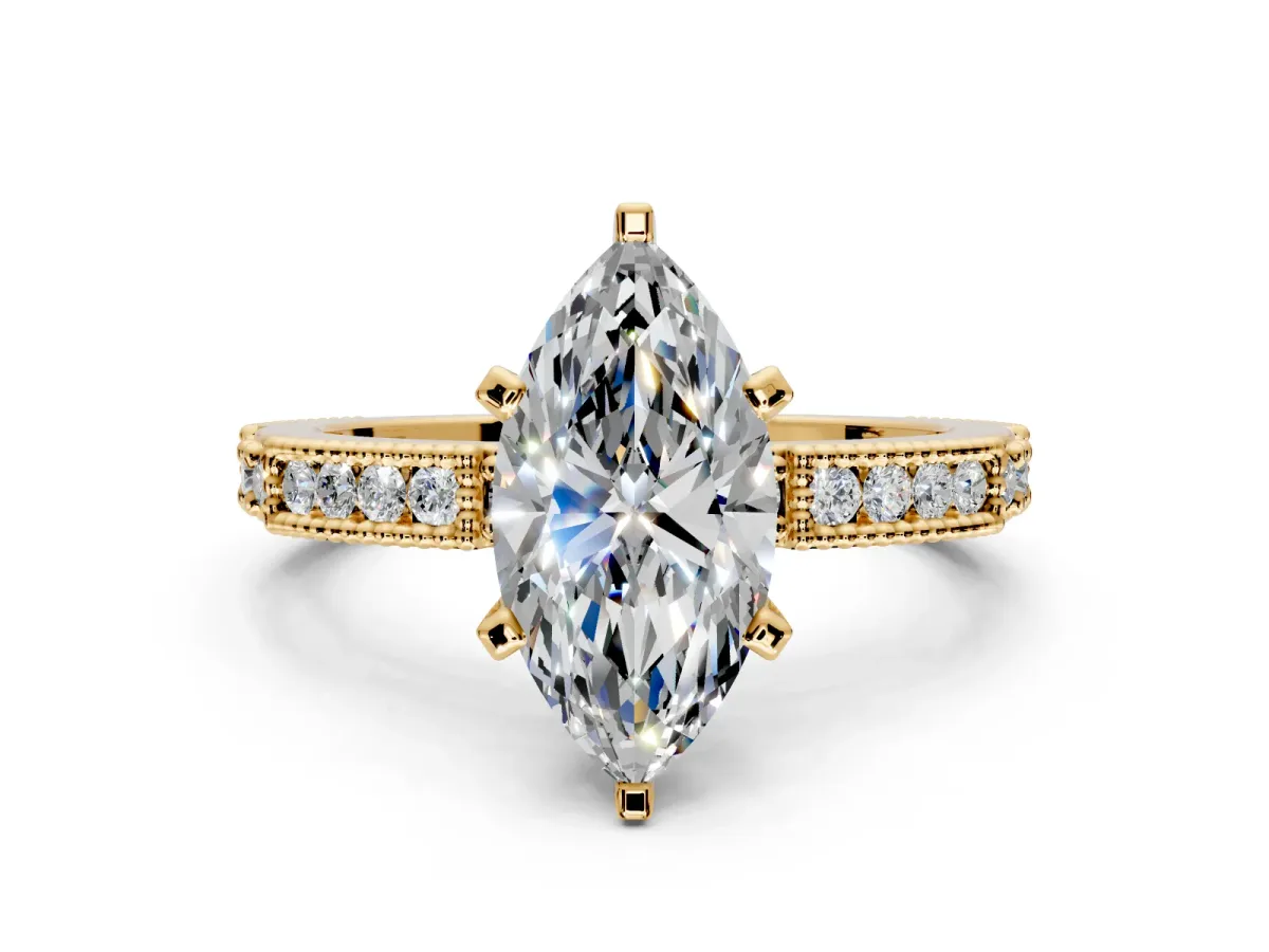 Solitaire Engagement Ring Setting for Marquise Center with Milgrain-Edged Pave Band and Prong Head in Yellow Gold