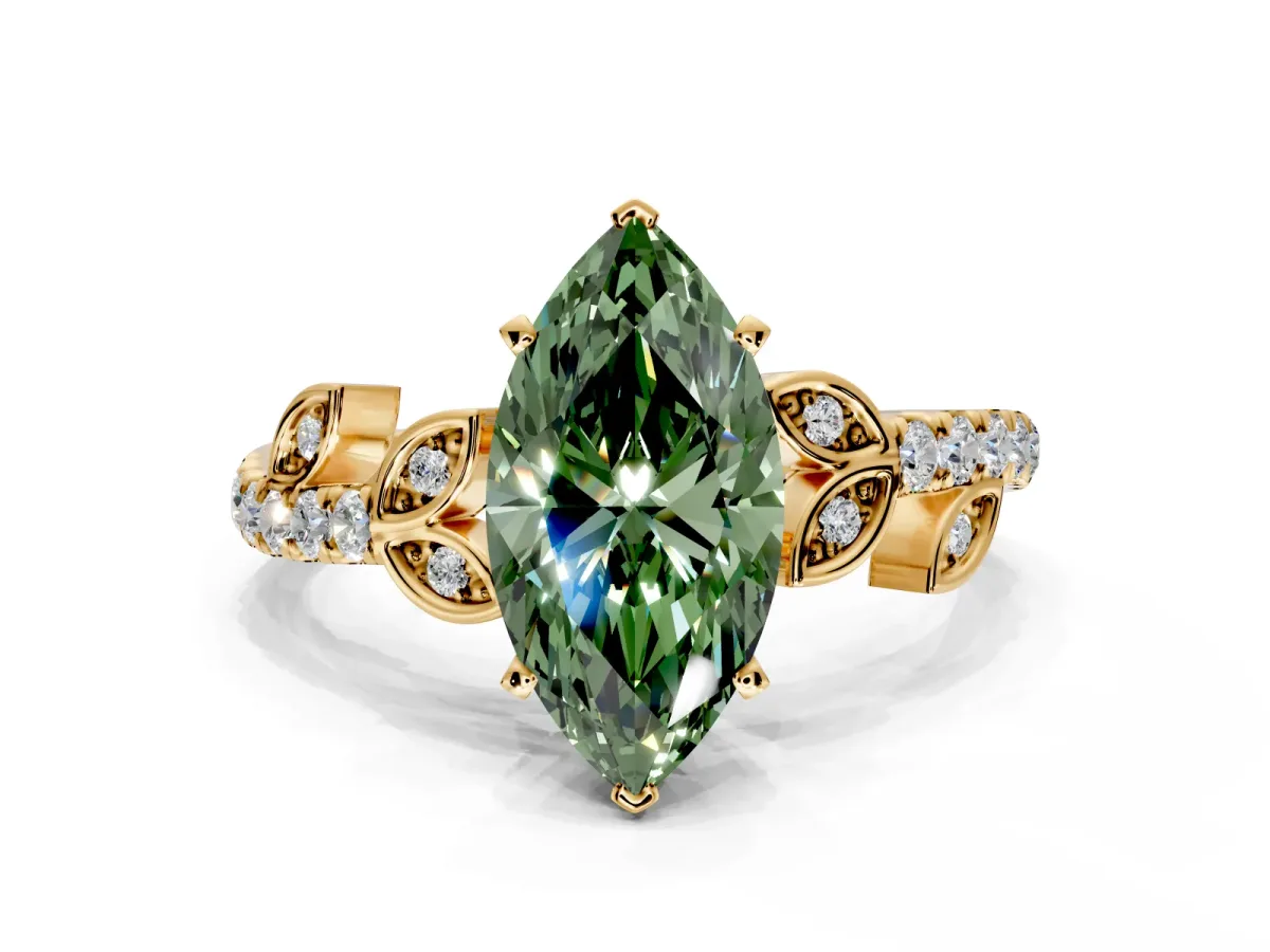 Leaf Motif Engagement Ring Setting for Fancy Green Marquise Center with Pave Band and Prong Head in Yellow Gold