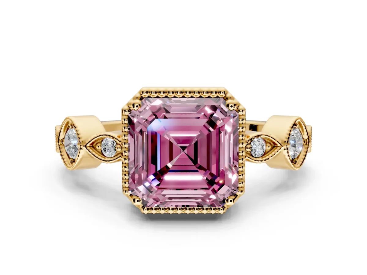 Vintage Station Engagement Ring Setting for Fancy Pink Asscher Cut Center with Accents and Prong Head in Yellow Gold