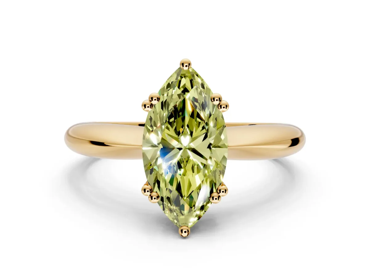 Solitaire Engagement Ring Setting for Fancy Yellow Marquise Center with Reverse Tapered Band and Prong Head in Yellow Gold
