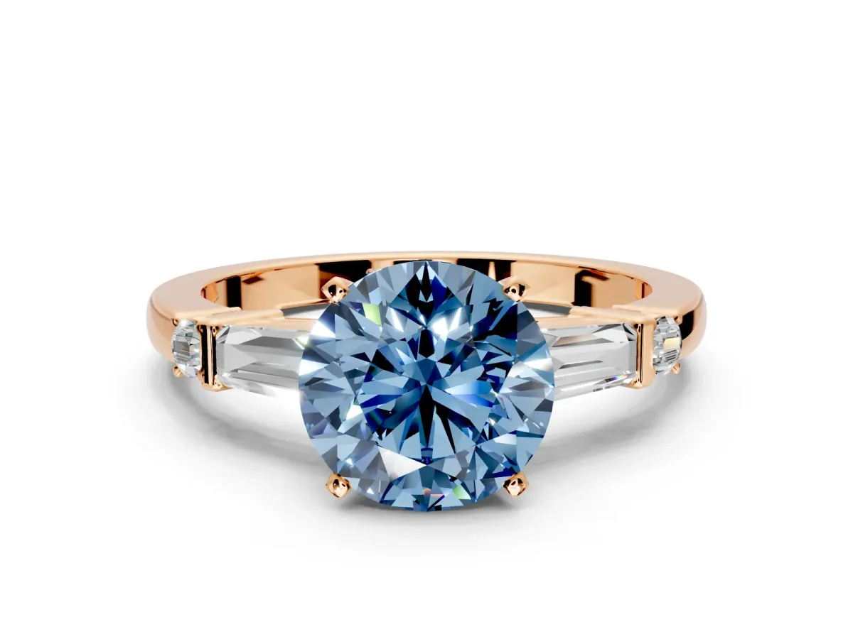 Bar-Set Engagement Ring Setting for Fancy Blue Round Cut Center with Tapered Baguette Accents and Prong Head in Rose Gold