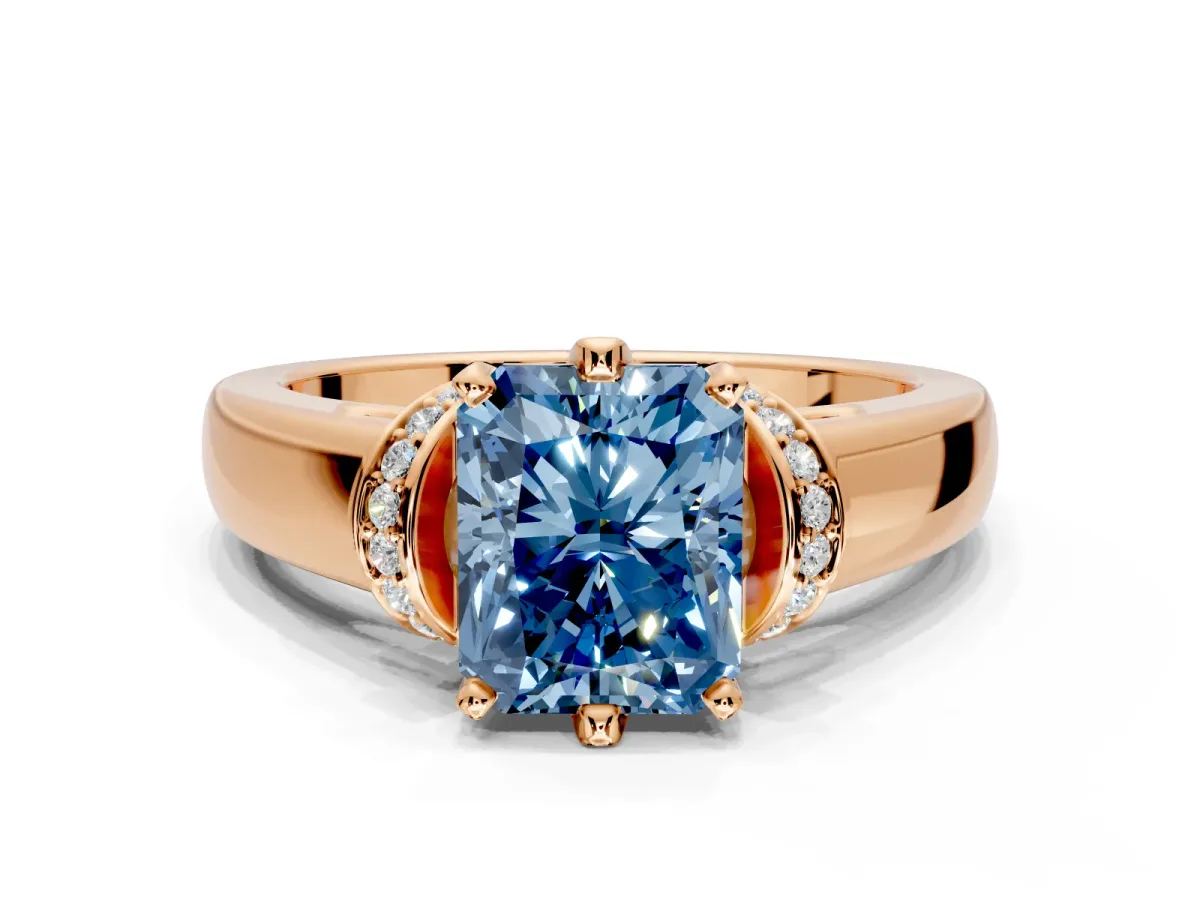 Solitaire Engagement Ring Setting for Fancy Blue Radiant Cut Center with Wide Band, Pave Collar and Prong Head in Rose Gold