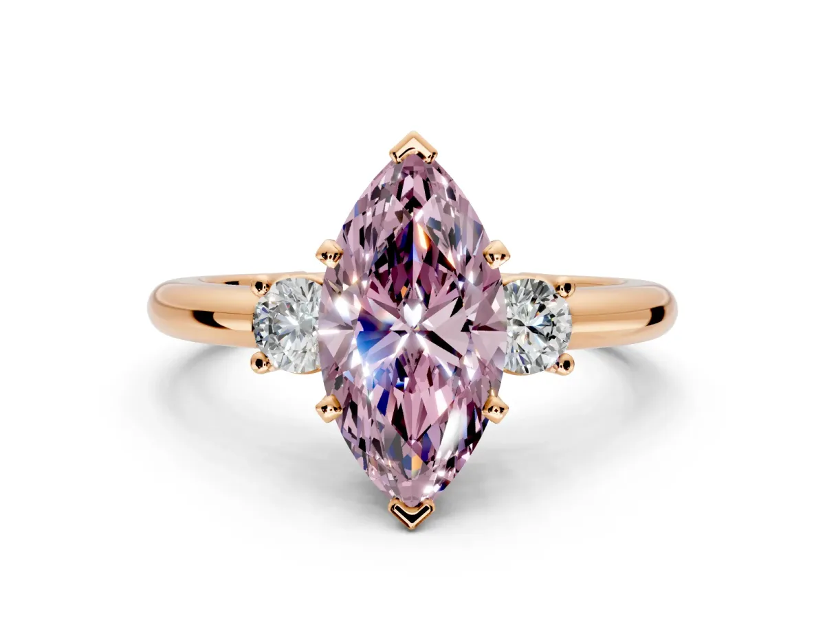 3 Stone Engagement Ring Setting for Fancy Pink Marquise Center with Wide Plain Band and Prong Head in Rose Gold