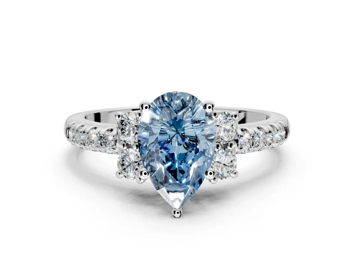 Paired Accent Engagement Ring Setting for Fancy Blue Pear-Shaped Center with Pave Band and Prong Head in White Gold
