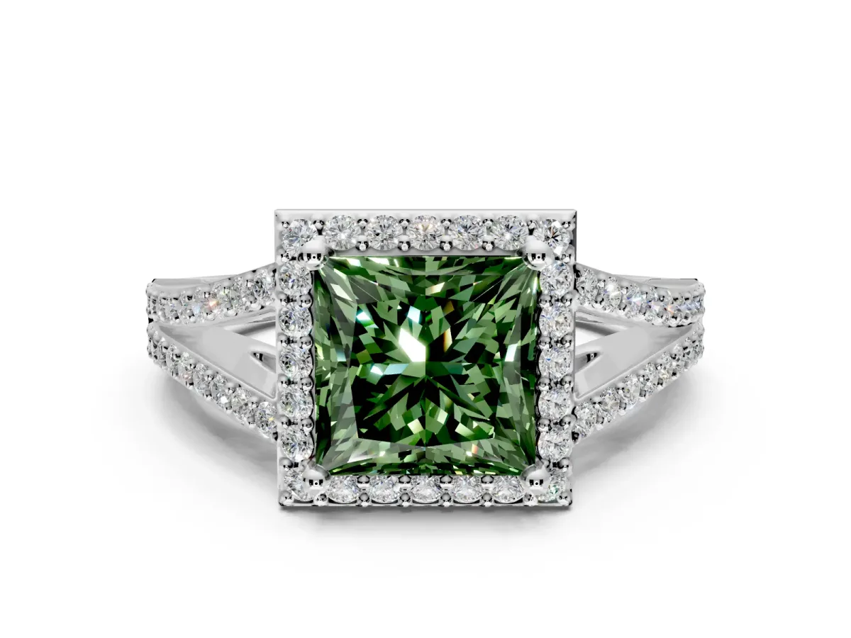 Halo Engagement Ring Setting for Fancy Green Princess Cut Center with Pave Split Shank and Prong Head in Platinum