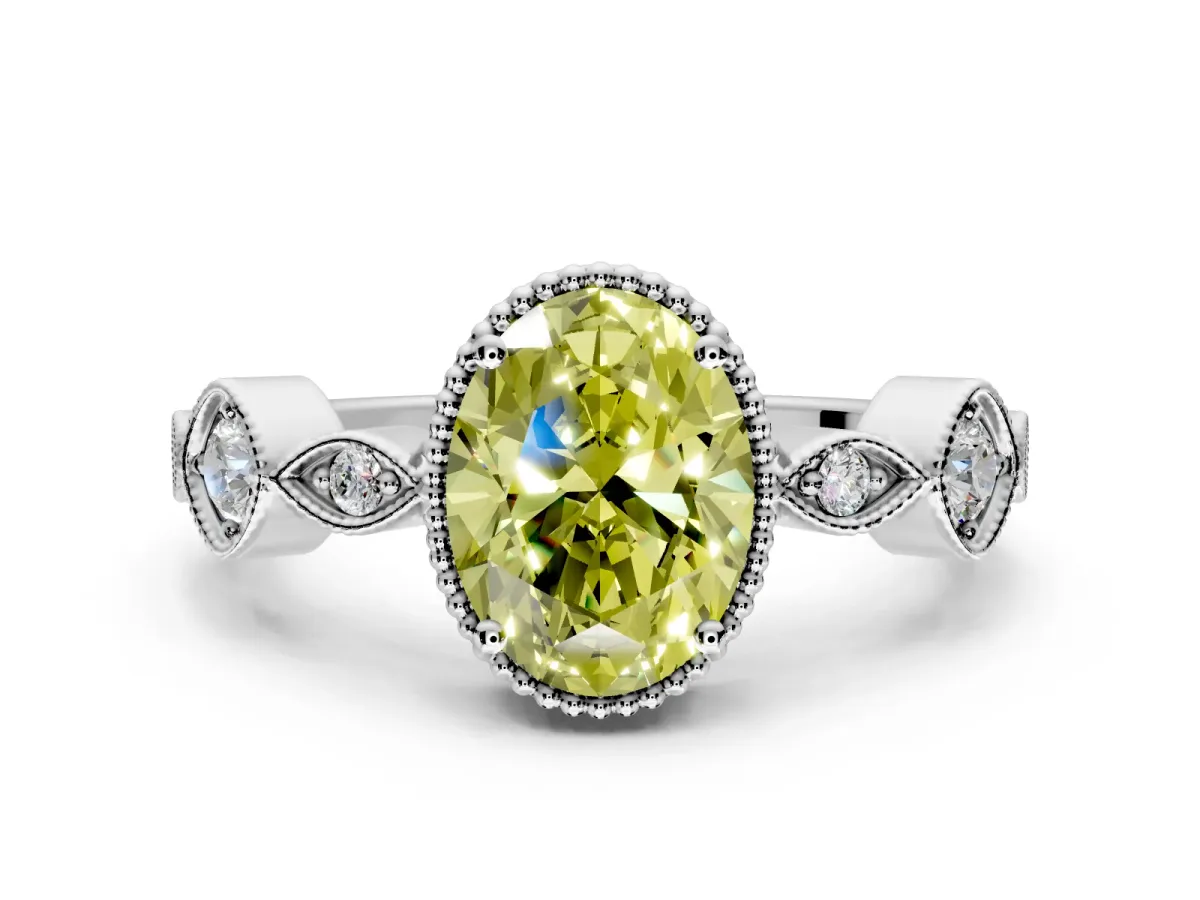 Vintage Station Engagement Ring Setting for Fancy Yellow Oval Center with Accents and Prong Head in Platinum