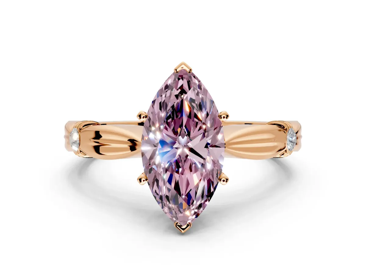 Solitaire Engagement Ring Setting for Fancy Pink Marquise Center with Carved Leaf Shoulders and Prong Head in Rose Gold