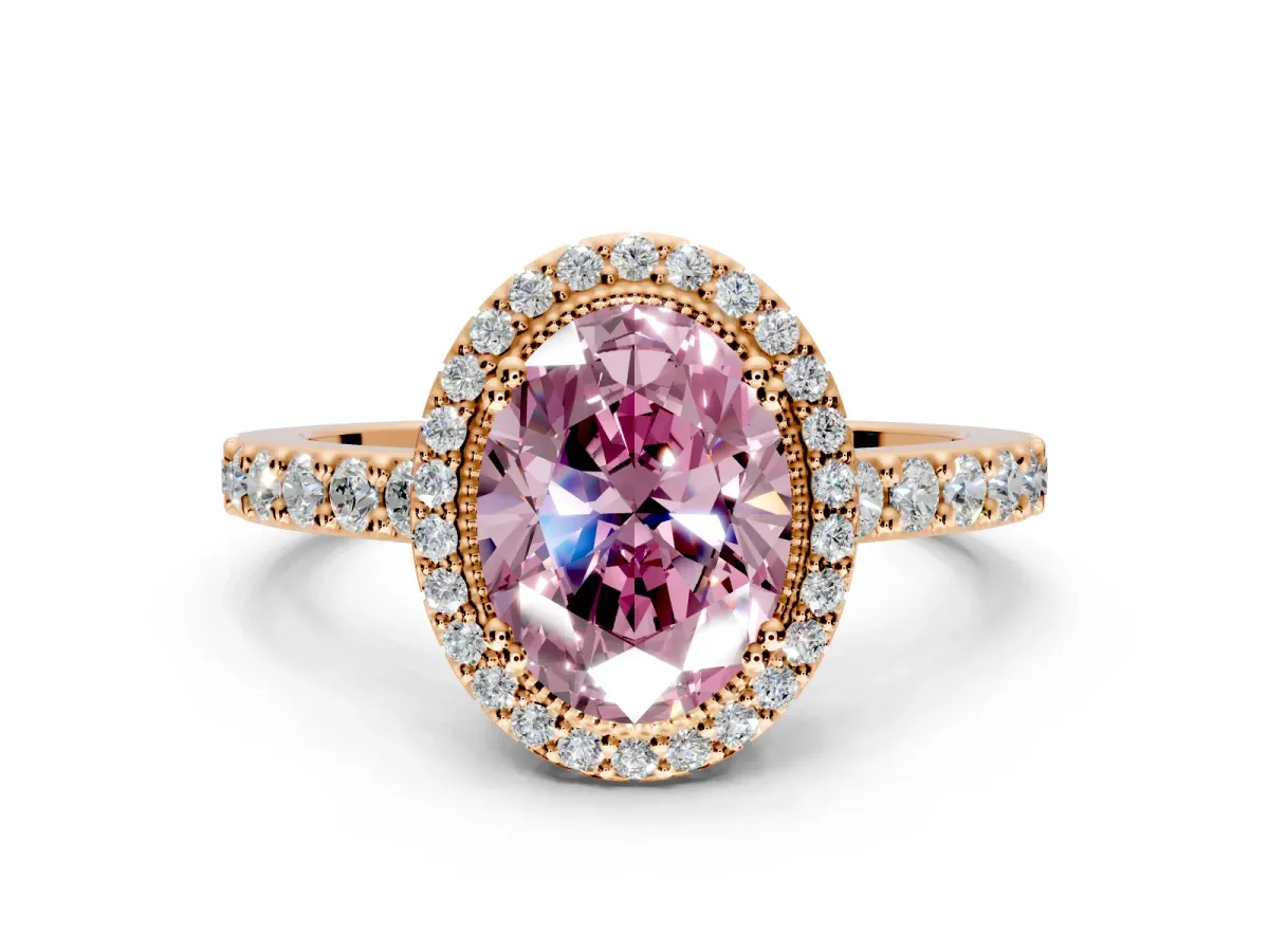 Halo Engagement Ring Setting for Fancy Pink Oval Center with Inner Milgrain Border and Prong Head in Rose Gold