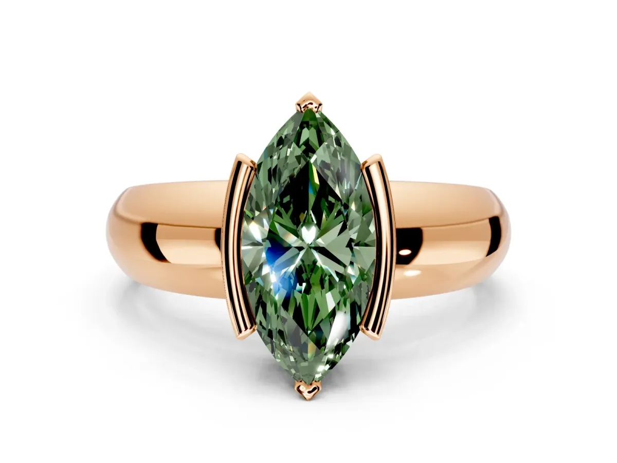 Tension Engagement Ring Setting for Fancy Green Marquise Center with Wide Flat Band and Tension Head in Rose Gold