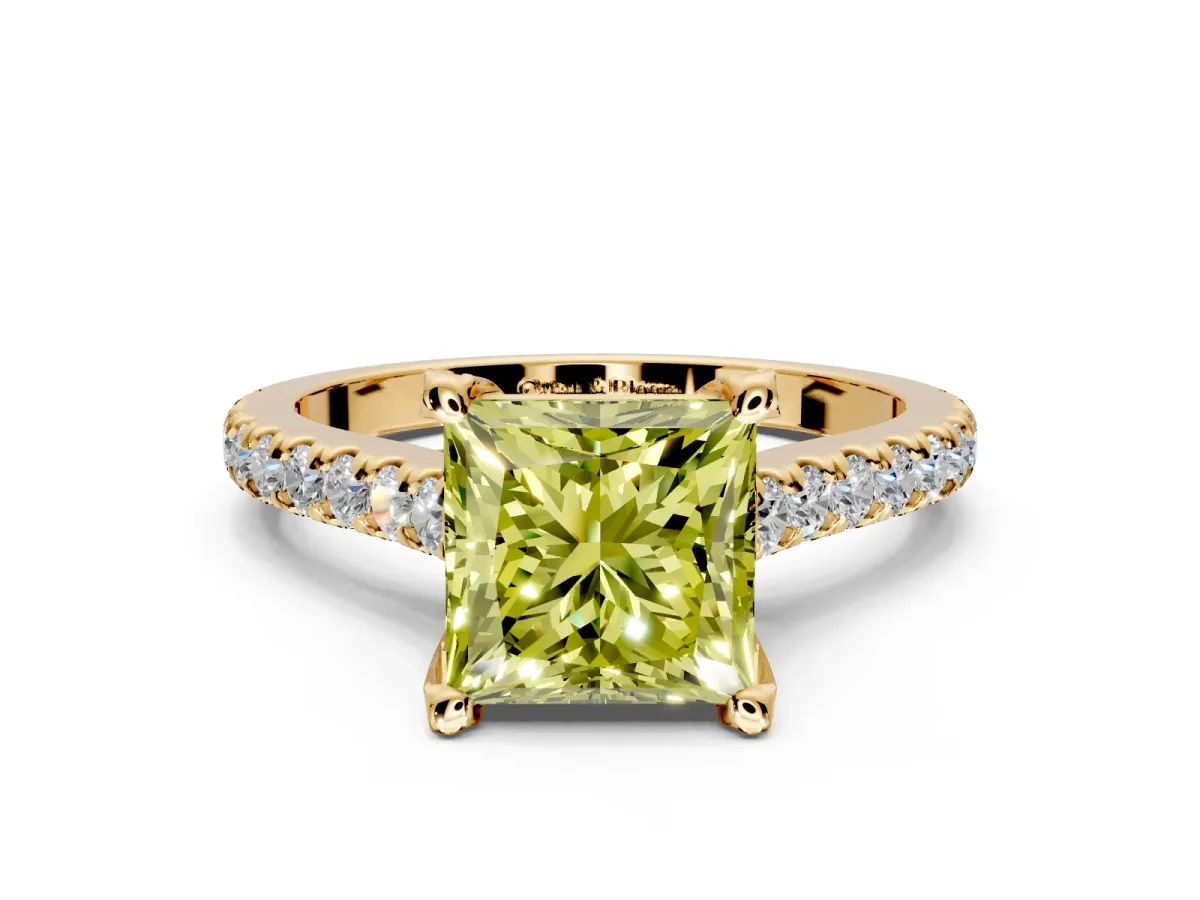 Solitaire Engagement Ring Setting for Fancy Yellow Princess Cut Center with Widening Pave Band and Claw Prong Head in Yellow Gold