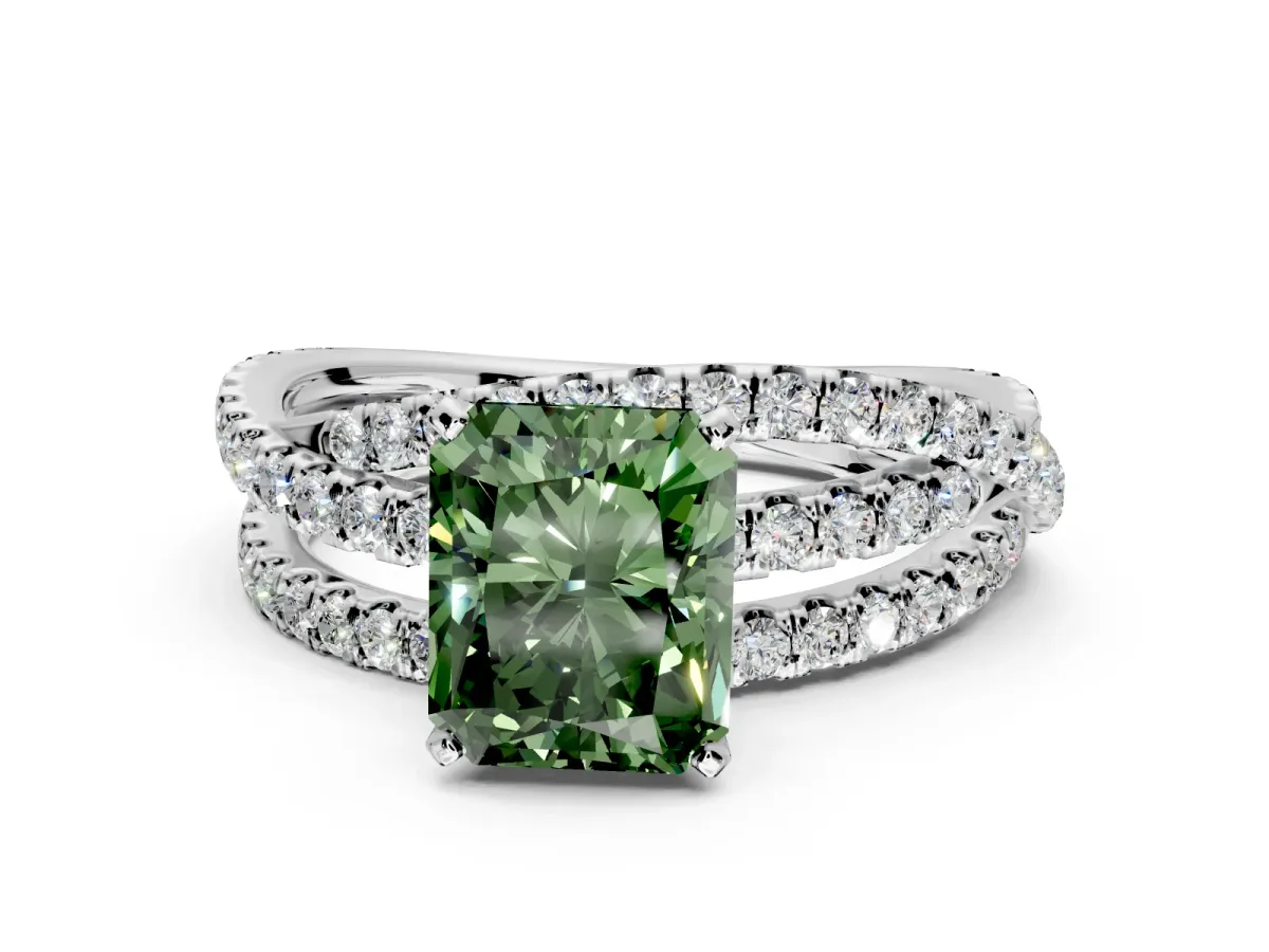 Solitaire Engagement Ring Setting for Fancy Green Radiant Cut Center with Woven 3-Strand Pave Band and Prong Head in Platinum