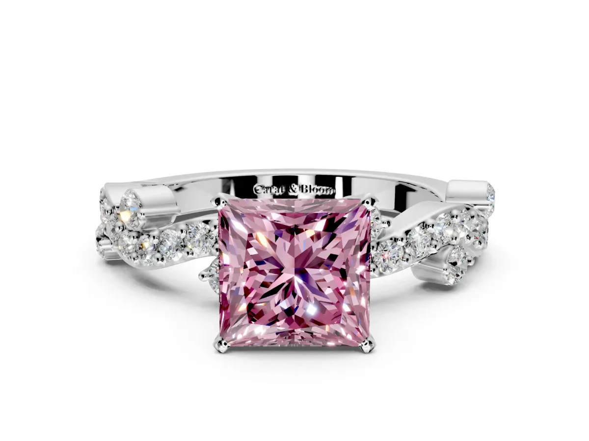 Solitaire Engagement Ring Setting for Fancy Pink Princess Cut Center with Bar-Station Pave Twist and Prong Head in White Gold
