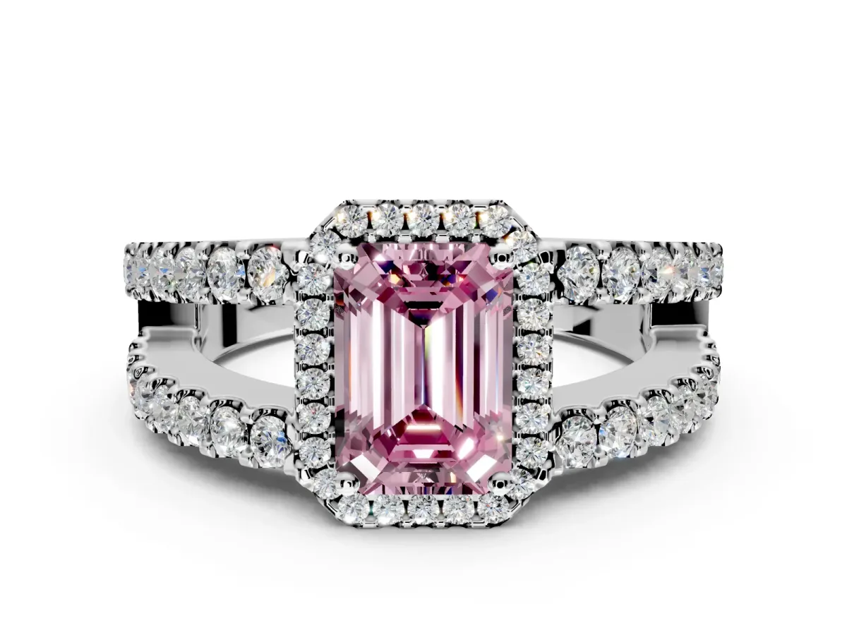 Halo Engagement Ring Setting for Fancy Pink Emerald Cut Center with Wide-Open Pave Split Shank and Prong Head in Platinum