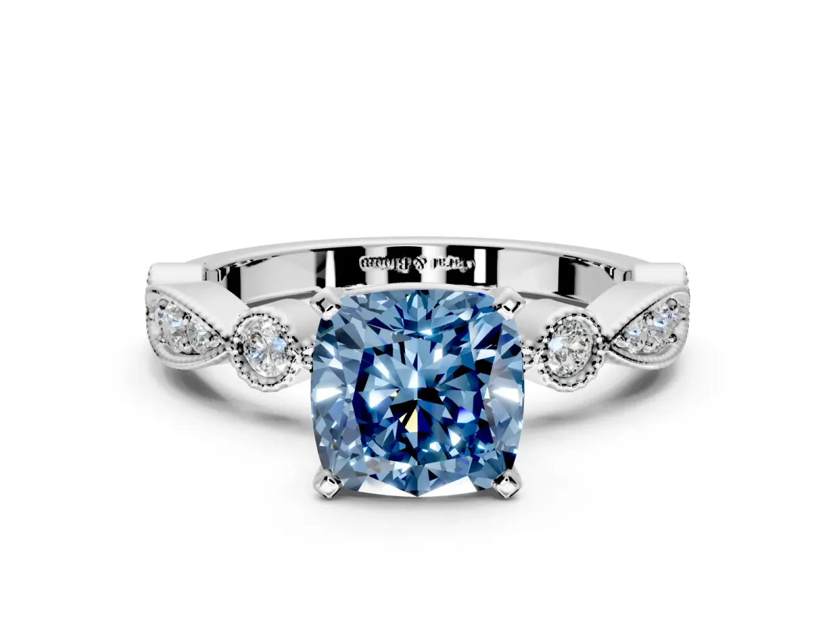 Solitaire Engagement Ring Setting for Fancy Blue Cushion Cut Center with Milgrain Bezel Accents and Prong Head in Sterling Silver