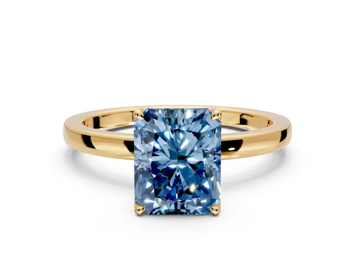 Solitaire Engagement Ring Setting for Fancy Blue Radiant Cut Center with Thin Rounded Plain Band and Prong Head in Yellow Gold