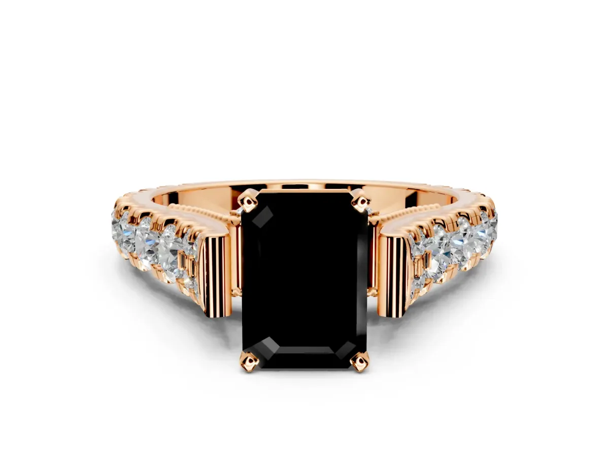 Solitaire Engagement Ring Setting for Fancy Black Emerald Cut Center with Pave Cathedral Shoulders and Prong Head in Rose Gold