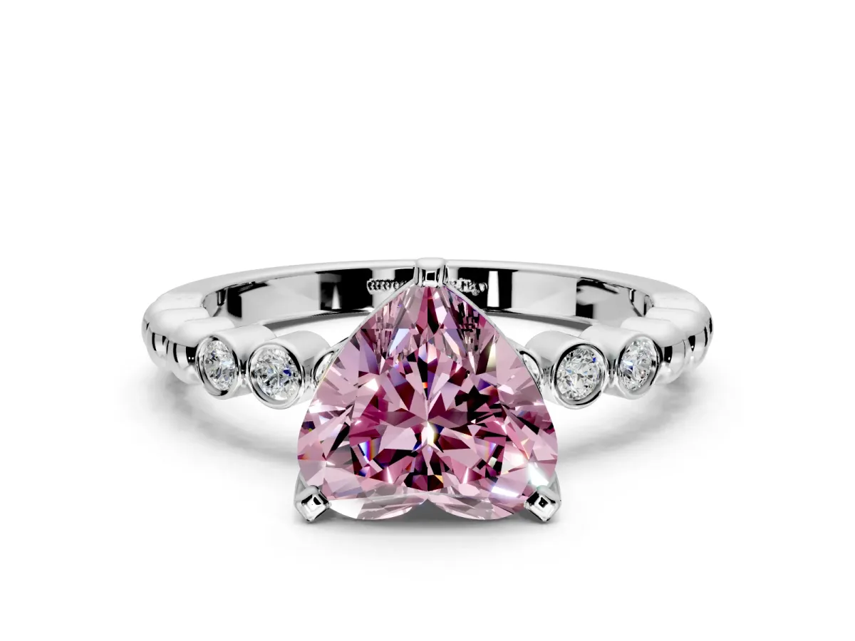 Solitaire Engagement Ring Setting for Fancy Pink Heart-Shaped Center with Bezel-Dot Beaded Band and Prong Head in Sterling Silver