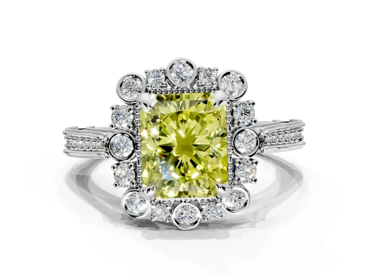 Milgrain Halo Engagement Ring Setting for Fancy Yellow Radiant Cut Center with Bezel Point Accents and Prong Head in White Gold