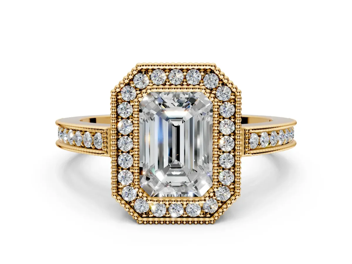 Halo Engagement Ring Setting for Emerald Cut Center with Milgrain Halo, Pave Band and Prong Head in Yellow Gold