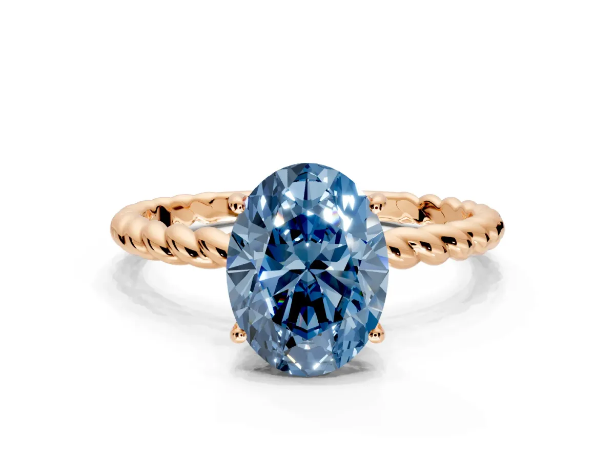 Solitaire Engagement Ring Setting for Fancy Blue Oval Center with Plain Twisted Rope Band and Prong Head in Rose Gold