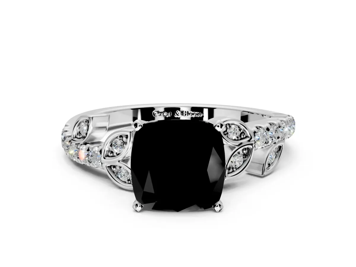 Leaf Motif Engagement Ring Setting for Fancy Black Cushion Cut Center with Pave Band and Prong Head in Platinum