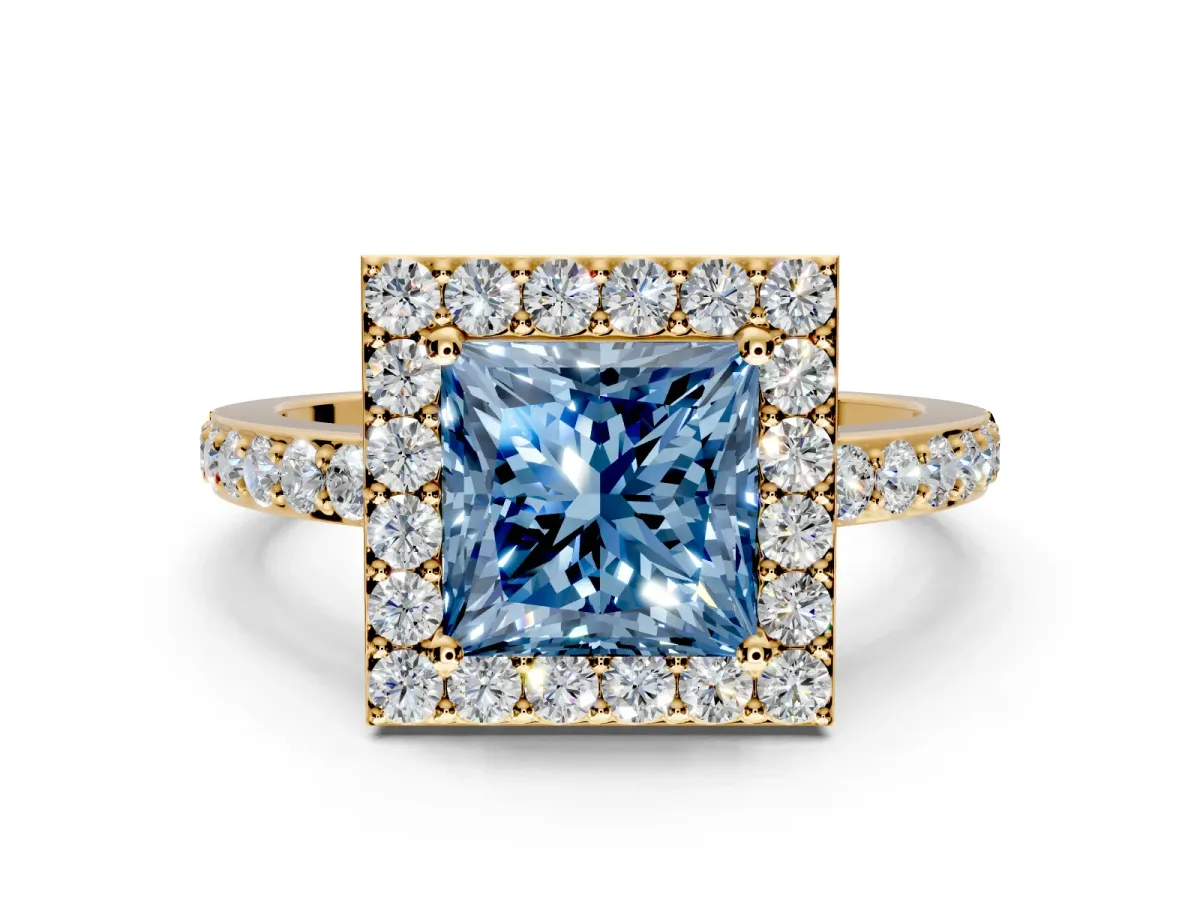 Halo Engagement Ring Setting for Fancy Blue Princess Cut Center with Heart-Shaped Openwork, Pave Band and Prong Head in Yellow Gold