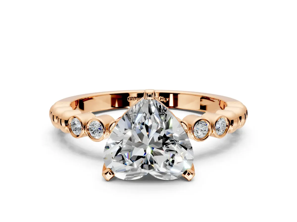 Solitaire Engagement Ring Setting for Heart-Shaped Center with Bezel-Dot Beaded Band and Prong Head in Rose Gold
